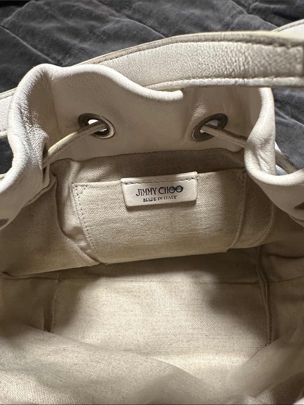 Jimmy Choo Cream Leather Drawstring Bucket Backpack - Picture 5 of 6